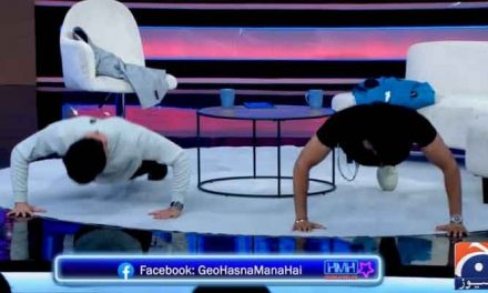 During the show Tabish Hashmi and Fahad Mustafa push-ups competition, who won?
