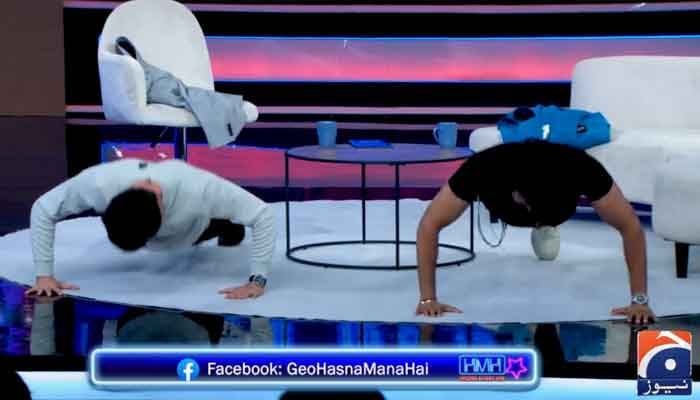 During the show Tabish Hashmi and Fahad Mustafa push-ups competition, who won?